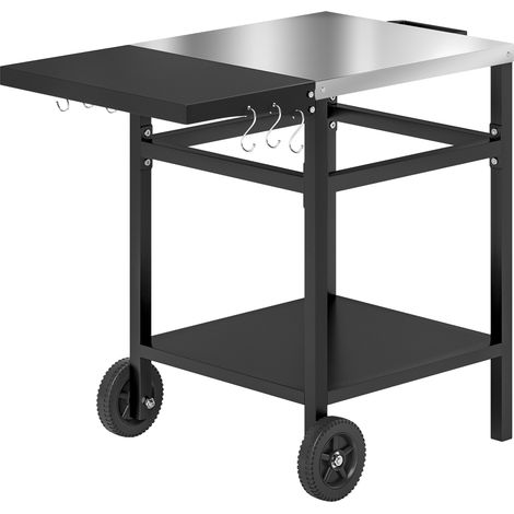 Chariot de Barbecue avec Plateau en Acier et Étagère Pliable, Roues et Crochets, 91x58x76 cm, Noir (1/5)