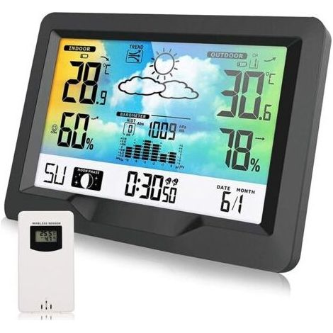 Station météo sans fil – Capteur extérieur 100m – Affichage LCD couleur – Température, humidité, pression – Prévisions météo 5 niveaux (1/4)