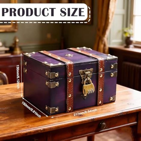 Coffre au trésor en bois avec serrure - Style vintage - Avec couvercle - Pour anniversaire d'enfant, mariage, décoration - 21 x 15 x 13 cm - Violet (1/4)