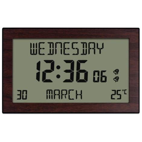 HORLOGE CALENDRIER : DATE, JOUR DE LA SEMAINE, HEURE + TEMPERATURE - GRANDS CARACTÈRES - Télécommande - 2 alarmes - Effet bois - 24cm 16cm cm (1/2)