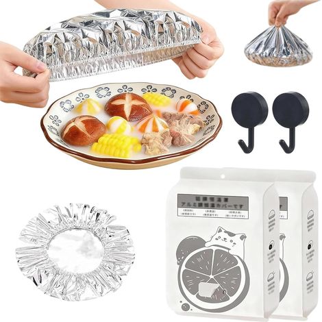 Universal Disposable Thermal Cover for Food, Reusable Aluminum Foil Food Covers, Aluminum Foil Heat Retaining Covers Elastic Bowl, Microwave-Safe, Adjustable Food Storage Covers for Kitchen (60pcs)