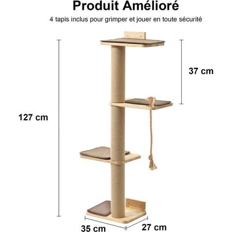 Arbre à chat mural moderne avec 4 plateformes et poteau à griffer en sisal pour intérieur, structure stable en bois naturel et tapis antidérapants pour chat (1/5)