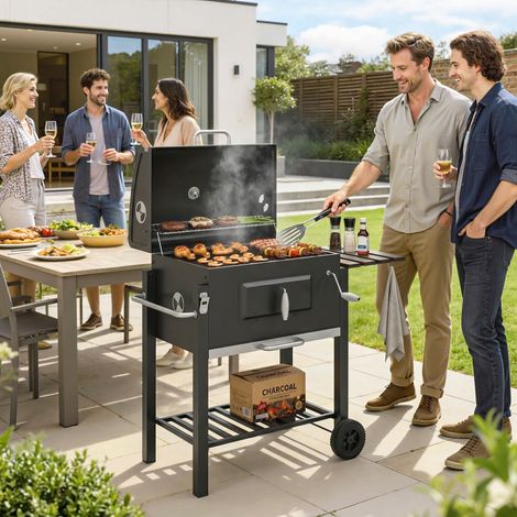 Fumoir-barbecue à charbon de bois, 1 étagère, 1 porte-serviettes, 2 grilles de cuisson, 113 cm x 65 cm x 108 cm, noir (1/5)