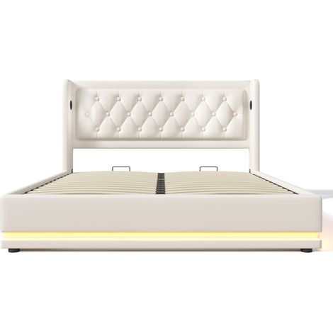 Doppelbett 140x200 cm aus weißem PU mit hydraulischem Stauraum, 3-seitiger LED, USB-C (1/5)