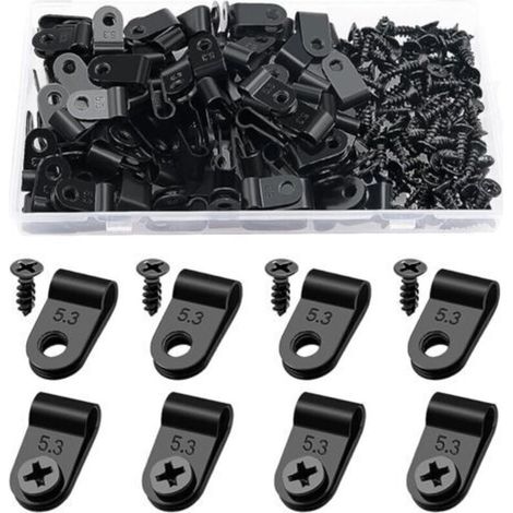 100 Pieces 5.3mm (3/16 Inch) R-Type Cable Tie Wire Clamp, R-Type Nylon Plastic Cable Clips with 100 Pieces Screws, for Wire Management (Black) (1/5)