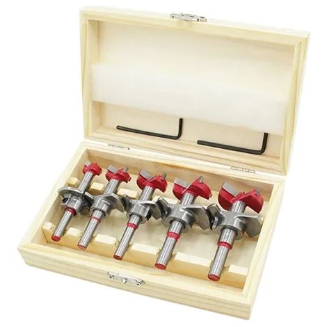 Jeu de 5 mèches Forstner réglables, gabarit de perçage professionnel pour charnières, avec coffret de rangement en bois. Diamètres de perçage : 15 mm/20 mm/25 mm/30 mm/35 mm. (1/5)