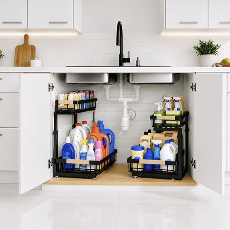 Lot de 2 Rangement Sous Évier Coulissant 2 Niveaux Réglable 35-43cm,Organisateur Métal Noir Anti-Rouille,Étagère Gain de Place Cuisine Salle de Bain,Panier Extractible Placard (1/5)