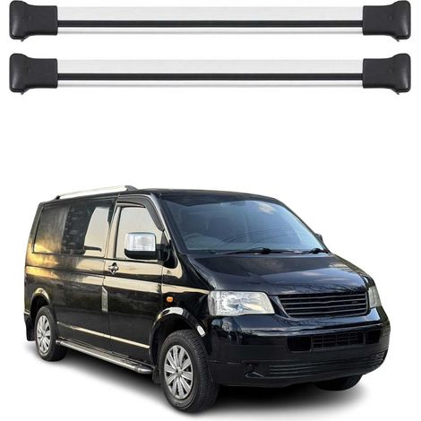 OMAC Barres de toit en aluminium compatibles avec VW T5 T6 Transporter Multivan Caravelle 2003-2024 – TÜV / DIN 75302:2019 – Charge max 75 kg – 2 barres Argent (1/4)