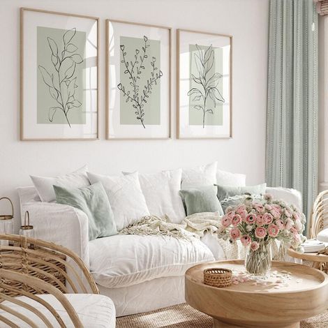 Lot de 3 affiches d'art mural botanique minimaliste – Impressions de dessins au trait de plantes sur fond vert tendre – Tableaux esthétiques pour la maison – Sans cadre (30 x 40 cm)