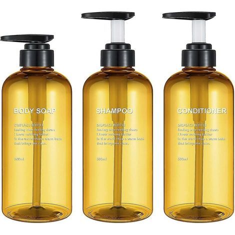 Lot de 3 bouteilles de shampoing vides de 17 oz, bouteilles à pompe en plastique jaune de 500 ml avec récipients distributeurs de savon (1/4)