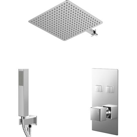 Cubix Polished Chrome Push Button Diverter Concealed Thermostatic Shower Valve and 400mm Square Head with 345mm Wall Arm and Outlet Holder with Kit - 2 Outlet (1/5)