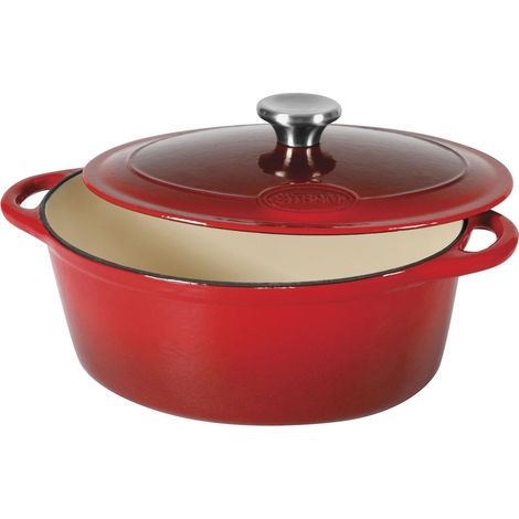 Sitram 717175 - Casseruola ovale in ghisa smaltata Tradighisa, 6,5 litri, L 33 cm, esterno rosso, interno bianco - tappo in acciaio inox - tutte le fonti di calore tra cui induzione e forno