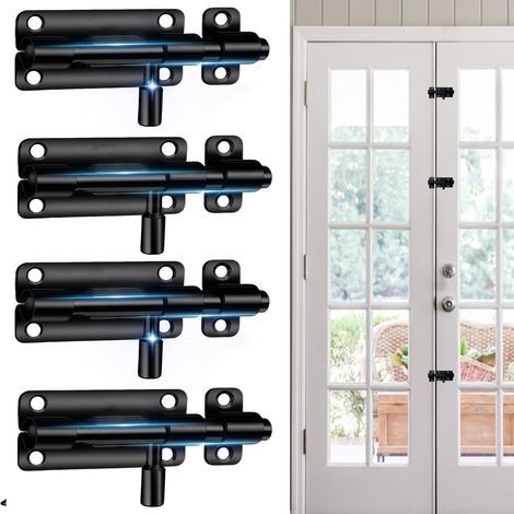 4 Pièces 304 Targette de Porte Exterieur, Verrou Porte Exterieur, Loquet de Porte Coulissante en Acier Inoxydable, pour Entrepôt Garage Grange Portail Cour Porte (Noir) (1/5)