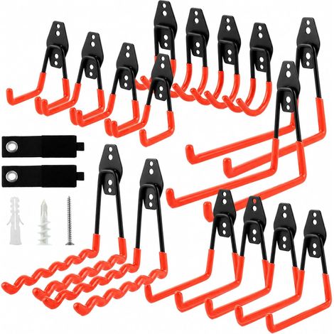 Lot de 18 crochets muraux pour garage - Support pour outils de jardin - Orange - Avec vis - Accessoires pour garage, atelier, abri de jardin, vélo, échelle et outils (1/5)