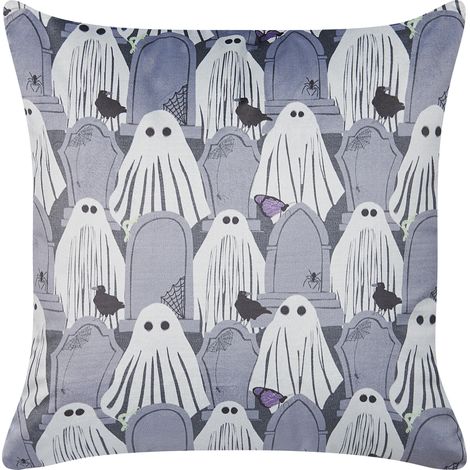 Cojín de terciopelo gris blanco 45 x 45 cm patrón fantasma Halloween Fanate (1/5)