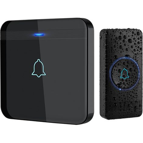 Sonnette sans Fil, Bouton de Sonnette, Carillon de Porte étanche IP55 avec 1 récepteurs enfichables, Flash LED, 5 Niveaux de Volume, 52 mélodies, portée de Fonctionnement de 400 m, Noir (1/5)