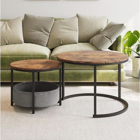 Runde Couchtische 2er-Set Holz & Metall, Braun/Schwarz, 70 x 70 x 48 cm – MEUBLIV (1/5)