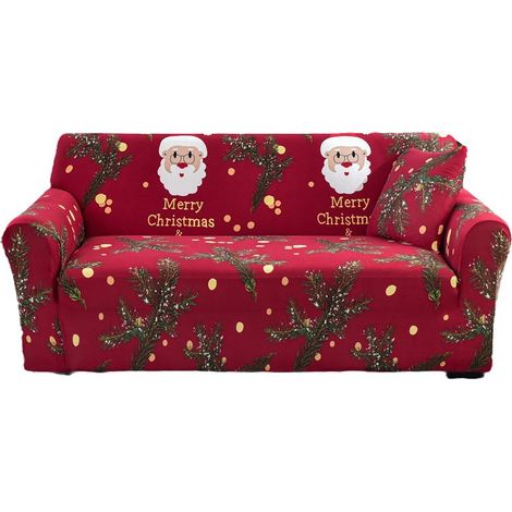 Santa Claus Cedar Branch Elastic Sofa Cover, Red Sofa Cover for Christmas Themed Living Room, Suitable for 3 Seater (1/5)