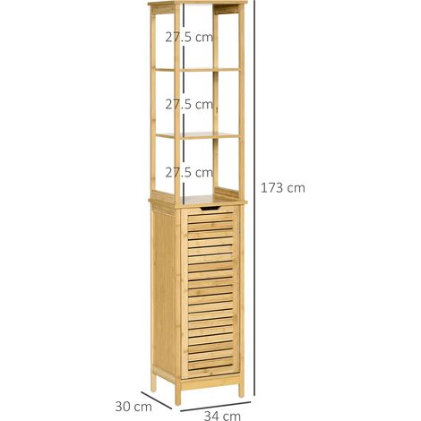 Meuble de salle de bain avec 3 étagères et 1 buffet, design à lattes, en bambou, 34 x 30 x 173 cm (1/5)