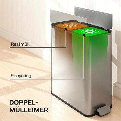 Küchenabfallbehälter: 2 x 28 l, Edelstahl, mit Fußpedal, Soft-Close-Deckel und herausnehmbaren Innenbehältern. (1/5)