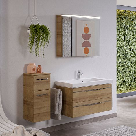 Badezimmermöbel Set, Spiegelschrank mit Beleuchtung, Waschtisch inkl. Waschbecken, Badkommode, Riviera Eiche quer Nb. BUDVA-66, B/H/T ca. 137/200/49 cm (1/5)