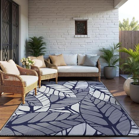 Tapis Exterieur Resistant Pluie,Reversible Recyclable Résistant aux UV Tapis Extérieur Terrasse, Tapis Plastique Exterieur pour Balcon, Jardin, Camping, Barbecue, 240x300cm, Bleu Marine (1/5)