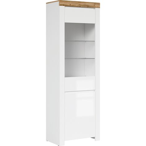 Vitrine Hella mit 2 Türen, Weiß und Holzoptik, 203cm