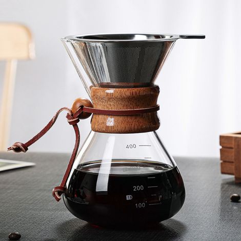 Cafetière à filtre manuel, 400 ml, filtre double couche, ouverture en V, couvercle en bois, idéale pour la maison, les cafés et les fêtes. (1/5)