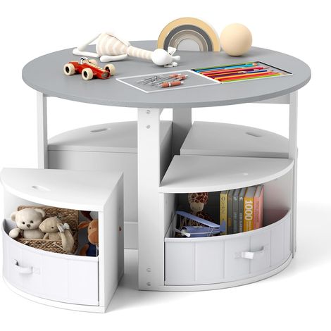 GOPLUS Table Enfant avec Rangement, 4 Tabourets Empilables, 4 Tiroirs en Tissu et Patins Antidérapants, Table d'Activités Enfant Ronde en Bois pour 3+ Ans, pour Jouer Dessiner Manger (Gris)