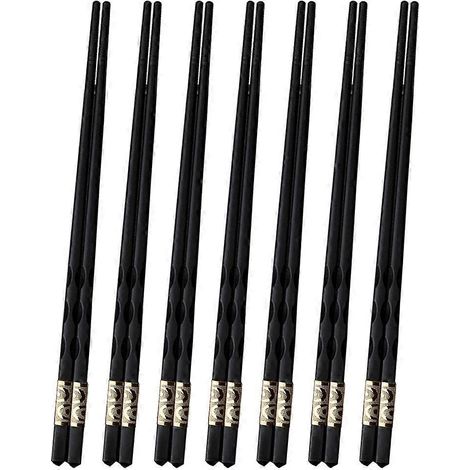 Lot de 6 paires de baguettes en fibre de verre, baguettes réutilisables en alliage, baguettes antidérapantes, baguettes à fil doré - Noires (1/5)