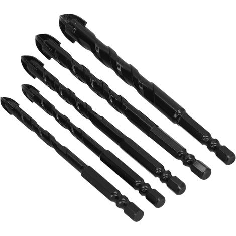 Set mit 5 Hartmetall-Kreuzkopfbohrern mit Sechskantschaft für Fliesen, Beton, Glas, schwarz (1/5)