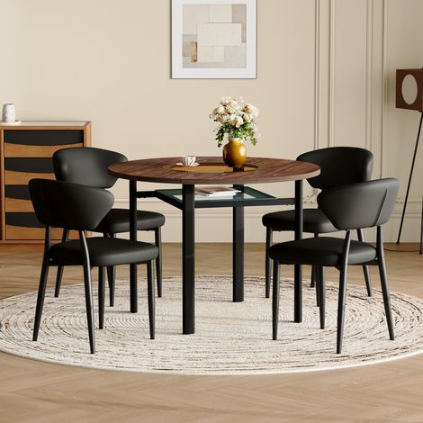 Table ronde moderne minimaliste 4 fauteuils PU noirs dossier courbé plateau bois salle à manger cuisine.