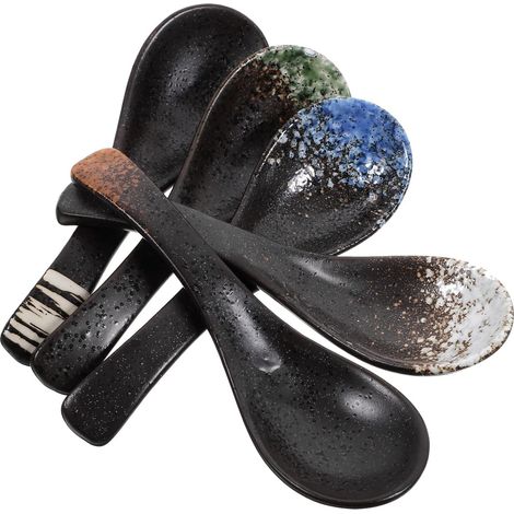 Lot de 5 Cuillères à Soupe Asiatiques en Céramique Cuillères Ramen Japonaises Multicolores Résistantes Compatibles Lave-Vaisselle pour Nouilles Desserts et Bouillons (1/5)
