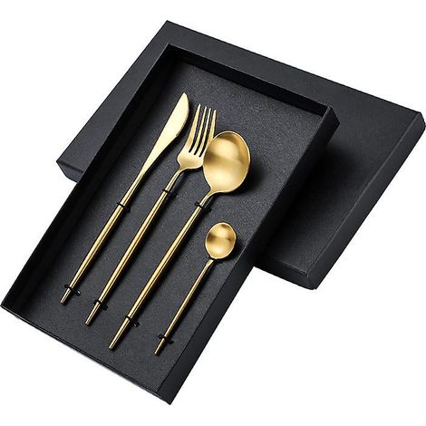Ensemble de couverts en acier inoxydable à manche carré doré - Style western épuré : fourchette à dessert, cuillère à thé au lait et cuillère à thé. (1/3)