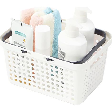 Panier De Rangement - En Plastique Haute Densité - Ajoure Pour Drainage - Portable Avec Poignees Pliables - Blanc - 22,5 X 30,5 X 18 Cm (1/5)