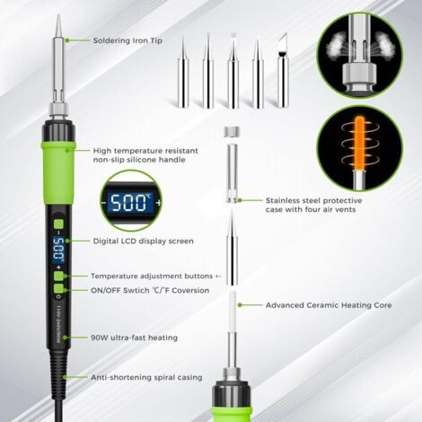 Kit de fer à souder LCD 90 W avec fonction veille automatique Température réglable 180°C-500°C 5 pointes de soudure + support + fil à souder (1/3)