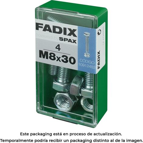 Caja de 4 unidades de tornillo métrico con cabeza hexagonal y tuerca en cinc M 8x30mm Fadix (1/3)