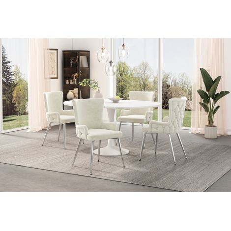 Chaises de salle à manger en velours (Lot de 2) — Chaises d'appoint luxueuses pour salon et chambre, dotées de quatre pieds de soutien en métal argenté — Beige (1/5)