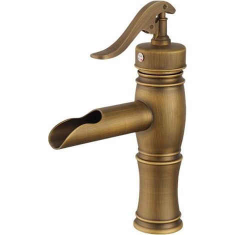 Einhebel-Waschtischarmatur mit Wasserfallfunktion – Antik-Finish, niedrige Bauhöhe, geeignet für Warm- und Kaltwasser, Einlochmontage