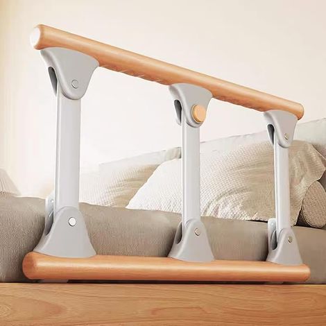 Folding Bed Barrier for Elderly Anti-Fall Straightening Bar Adult Safety with Adjustable Handle Bedside Stand for Mobility-Wood (1/5)