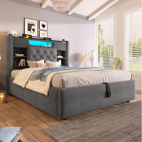 Cama tapizada 90x200 cm, con almacenamiento hidráulico, luces LED, puertos USB y USB C, lino gris (1/5)