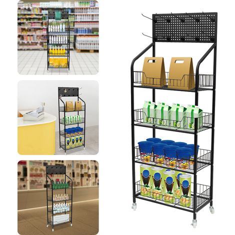 Présentoir de vente au détail à quatre niveaux Présentoir métallique pour snacks et bonbons Étagère de rangement 50 × 27 × 140 cm avec roulettes Comprend 10 crochets (1/5)