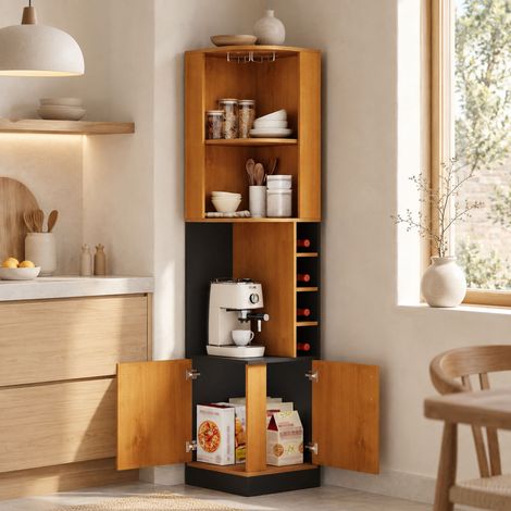 Meuble d’angle à vin 40 x 40 x 182 cm, colonne de rangement MDF avec porte-verres, casier à bouteilles et placard, finition bois naturel (1/5)