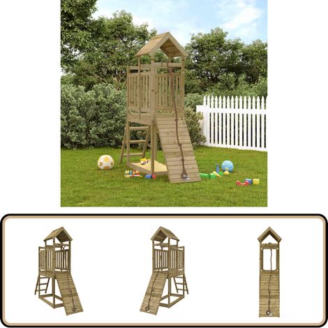 Spielturm mit Kletterwand Imprägniertes Kiefernholz - Holzspielturm - Kletterturm - Spielgerät - Kinderspielplatz - Gartenmöbel