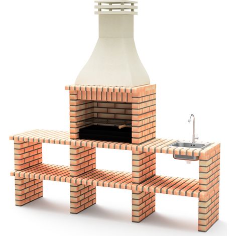 MOVELAR - Module pour Barbecue de Construction Modèle KHIVA PLUS avec 2 SUPPORTS LATÉRAUX COMPLET avec Évier et Robinet et avec BRAZERO (Orange/Beige - 239 x 58 x 246 cm) REF : M01027 - Utilisation Ex (1/3)