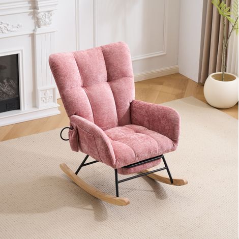 Chaise berçante 92x63x89 cm en tissu peluche rose, avec rangement pour salon FloraGrace (1/5)