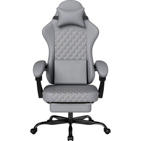 Silla gamer ergonómica de piel sintética gris con reposapiés (1/5)