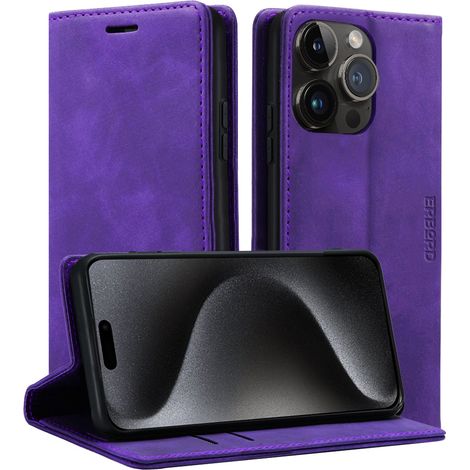 Funda para iPhone 15 Pro Max, funda tipo cartera vintage Erbord, color morado. (1/5)
