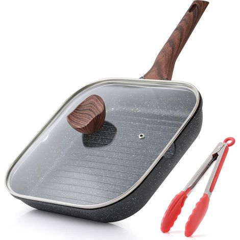 Nonstick Grill Pan with Lid, 28 cm, Square Granite Pan with Pouring Spout, Multipurpose Grill, Induction Compatible, PFOA Free (1/5)