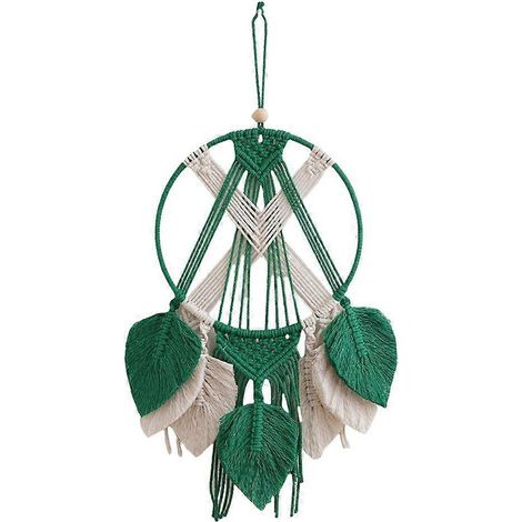 Tapis de rêve en macramé tissé main avec plumes et feuilles, décoration murale bohème pour chambre, ornement artisanal naturel. (1/4)